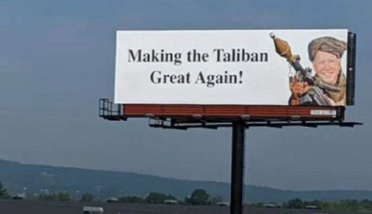 अमेरिकी राष्ट्रपति के विरोध में लगा पोस्टर, Joe Biden तालिबानी कपड़ों में मोर्टार पकड़े हुए आए नजर