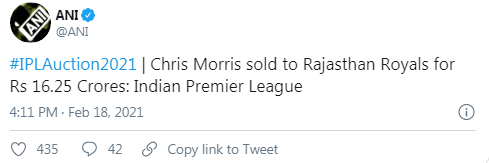IPL 2021 Auction: क्रिस मॉरिस को 16.25 करोड़ में राजस्थान रोयल ने खरीदा, जानें कौन कितने में बिका