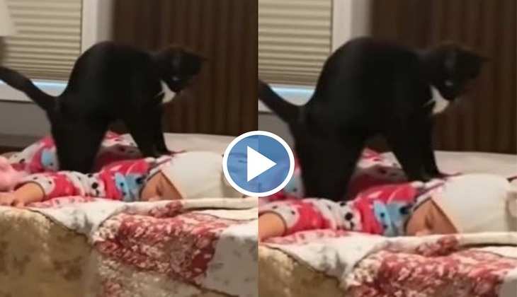 Cat Video: सो रहे बच्चे के बिल्ली ने की जबरदस्त मसाज, वीडियो देख लोग बोले-'मैं भी हूं'