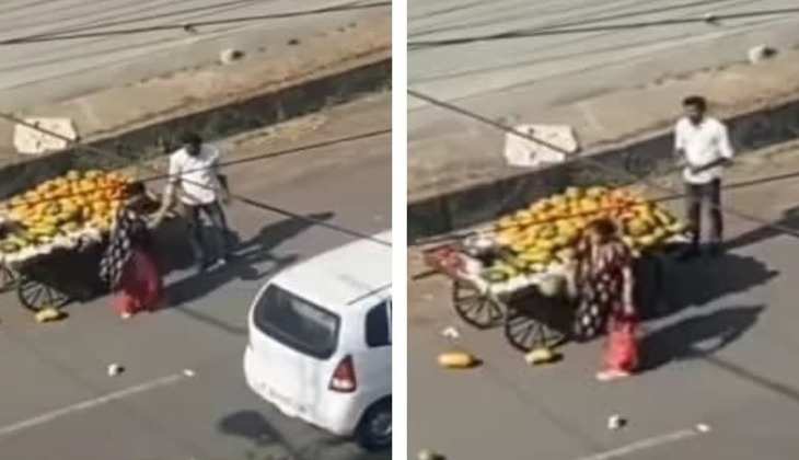 Viral Video: कार से ठेला टच हुआ तो  महिला को आया भयंकर गुस्सा, सड़क पर फेंके फल