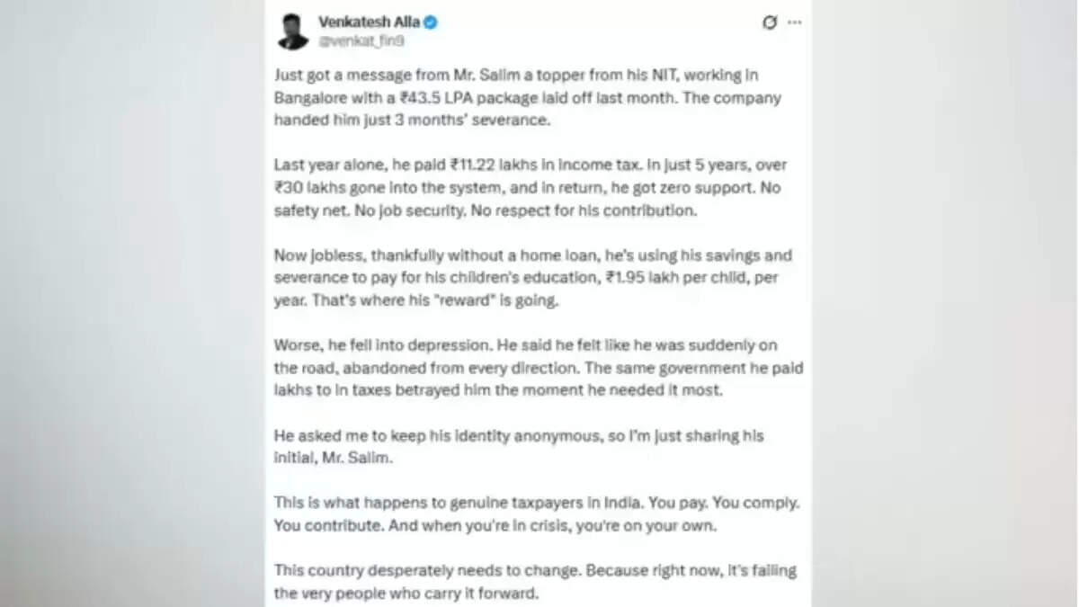 43.5 LPA की नौकरी गई, 30 लाख टैक्स चुकाने वाला इंजीनियर डिप्रेशन में – वायरल पोस्ट से उठा सवाल